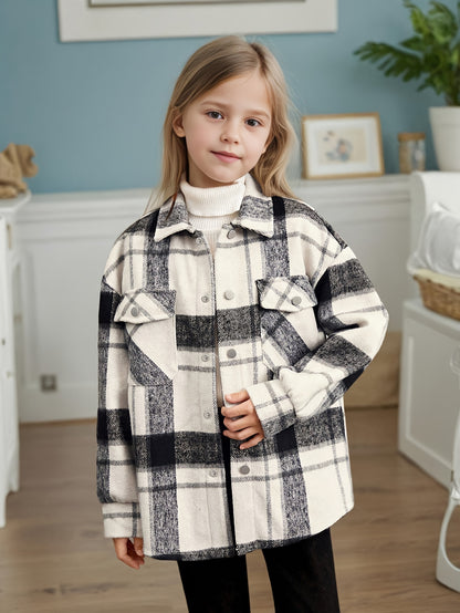 Abrigo de pana con botones, manga larga y estampado a cuadros, con bolsillos, para niñas, moderno y elegante, ideal para actividades al aire libre en primavera, otoño e invierno.