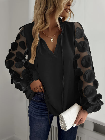 Plus Size Women'S Elegant White Blouse with Floral Mesh Sleeves - Long Sleeve, Notched Collar, Oversized Fit, Perfect for Night Outs, Casual to Formal Attire, Plus Size Blouse | Floral Pattern Top | Mesh Fabric Detail, Plus S