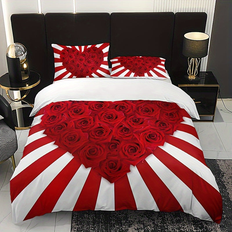 3pcs Romantic Red & White Rose Floral Print Bedding Set - Includes 1 Duvet Cover & 2 Pillowcases, Breathable Polyester, All-Season Comfort, HD Print for Home & Dorm Decor, Bed Accessories