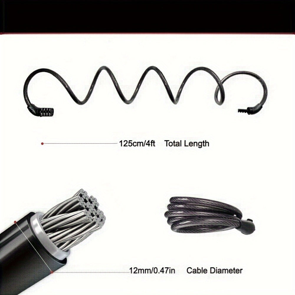 High-Security Bike Cable Lock with Key, Brushed PVC Finish, Anti-Theft Shear-Resistant, Waterproof, 12mm Thick, 125cm Length with Mounting Bracket