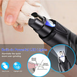 Amoladora de uñas LED silenciosa para perros: recargable, indolora, con 2 velocidades y ruedas para razas grandes.