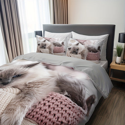 3pcs Cat Print Bedding Set - Includes 1 Duvet Cover & 2 Pillowcases, Breathable Polyester, Machine Washable - Perfect for All Seasons