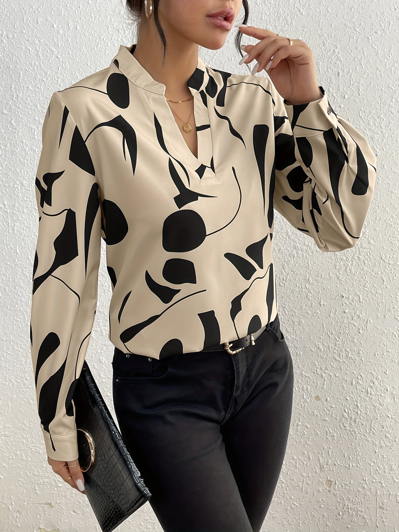 Geo Print V Neck Blouse, Casual Long Sleeve Blouse For Spring & Fall, Women's Clothing