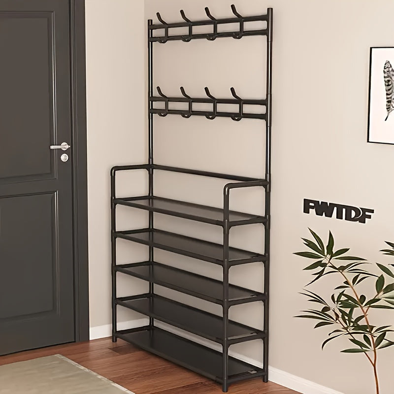 Multifunctional Metal Entrance Hall Organizer - 4-layer Black Clothes and Hat Rack with Shoe Cabinet, Perfect Choice for Home Storage, Independent Clothes and Shoe Rack, Suitable for Front Door Entrance, Used to Store Clothes