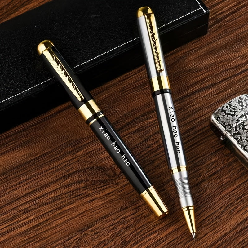 1pc Luxury Personalized Metal Ballpoint Pen Set with 2 Refills and Gift Box - Black & Silver, Engraved Name, Elegant Office and Business Men'S Gift