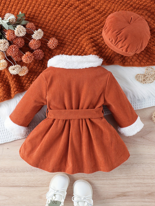 Conjunto de 3 piezas de ropa para niña pequeña, vestido de moda de manga larga con cuello de piel, color liso, sombrero y cinturón.
