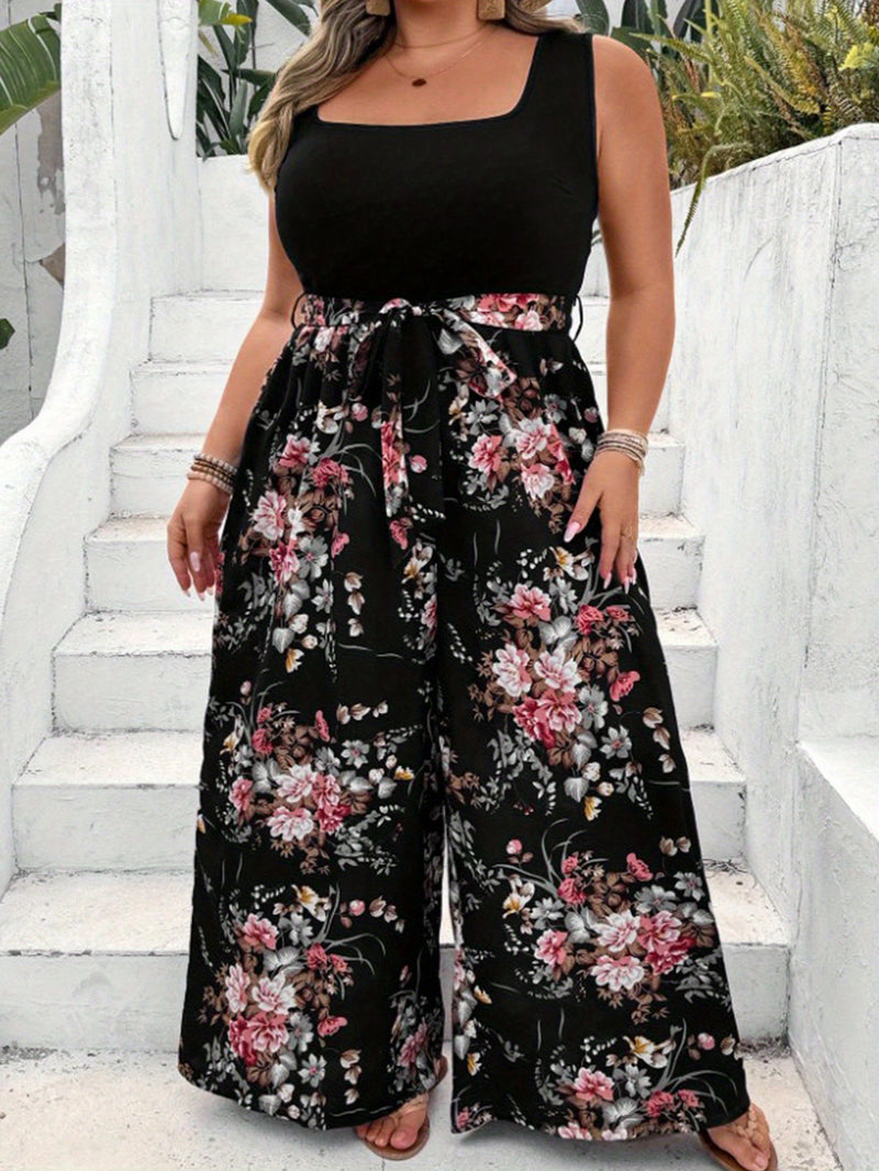 Plus Size - Women'S Elegant Sleeveless Floral Print Jumpsuit with Belt - Stretchy, Loose Fit, Square Neck, Long Length, Black with Pink & White Flowers, All-Season Comfort, Casual Wear Jumpsuit | Floral Print Jumpsuit | Comfo