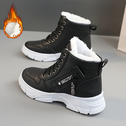 Women's Side Zipper Winter Thermal Snow Boots With Fleece Lining, Height Increased Thick-soled Platform Comfortable Lace-up Mid-tube Boots
