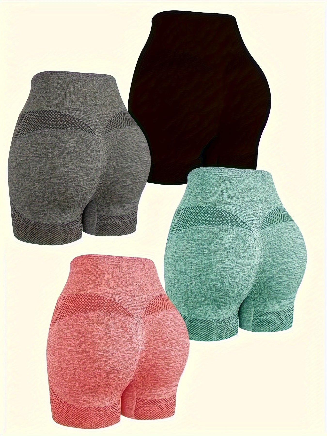 Shorts de yoga de cintura alta sin costuras para mujer (4 piezas): ropa deportiva elástica que realza los glúteos para fitness y entrenamiento.