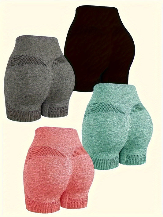 Shorts de yoga de cintura alta sin costuras para mujer (4 piezas): ropa deportiva elástica que realza los glúteos para fitness y entrenamiento.