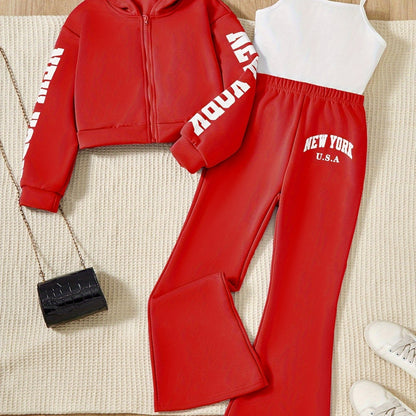 3-Piece Outdoor Sporty Girl's Long Sleeve Zip-up Hoodie + Flared Trousers With Camisole Set - Versatile Comfy For Spring/ Fall Casual Wear, Gift Idea