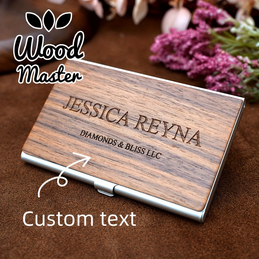 Custom Engraved Men's Business Card Holder - Vintage Style, Large Capacity, Solid Wood Grain Design in Deep Brown