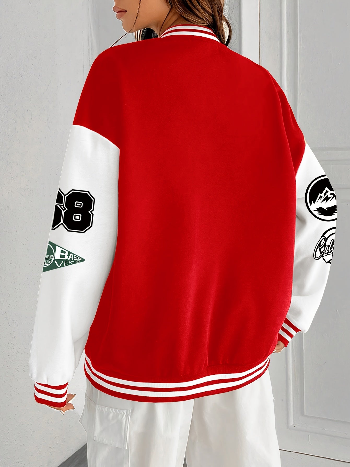 Chic Plus Size Women's Baseball Jacket - Casual Fall/Winter Coat with Letter Print, Button-Up Front, Machine Washable