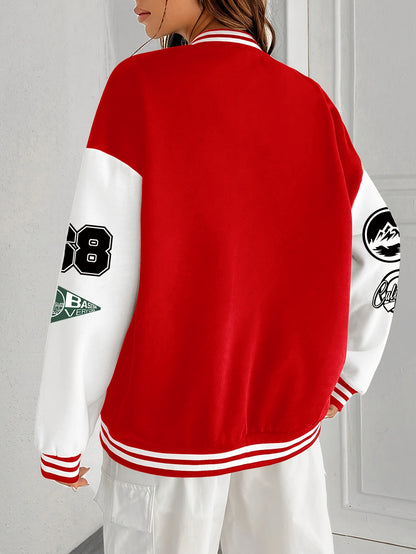 Chic Plus Size Women's Baseball Jacket - Casual Fall/Winter Coat with Letter Print, Button-Up Front, Machine Washable