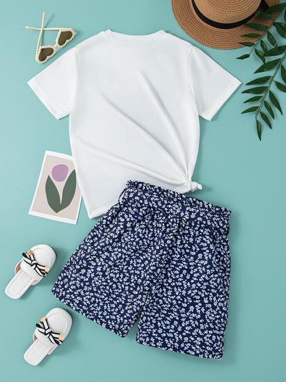Girls' Summer Casual Outfit Set - Cartoon Print Bow T-Shirt & Floral Shorts with Belt, Breathable Polyester Blend, Perfect for Outdoor