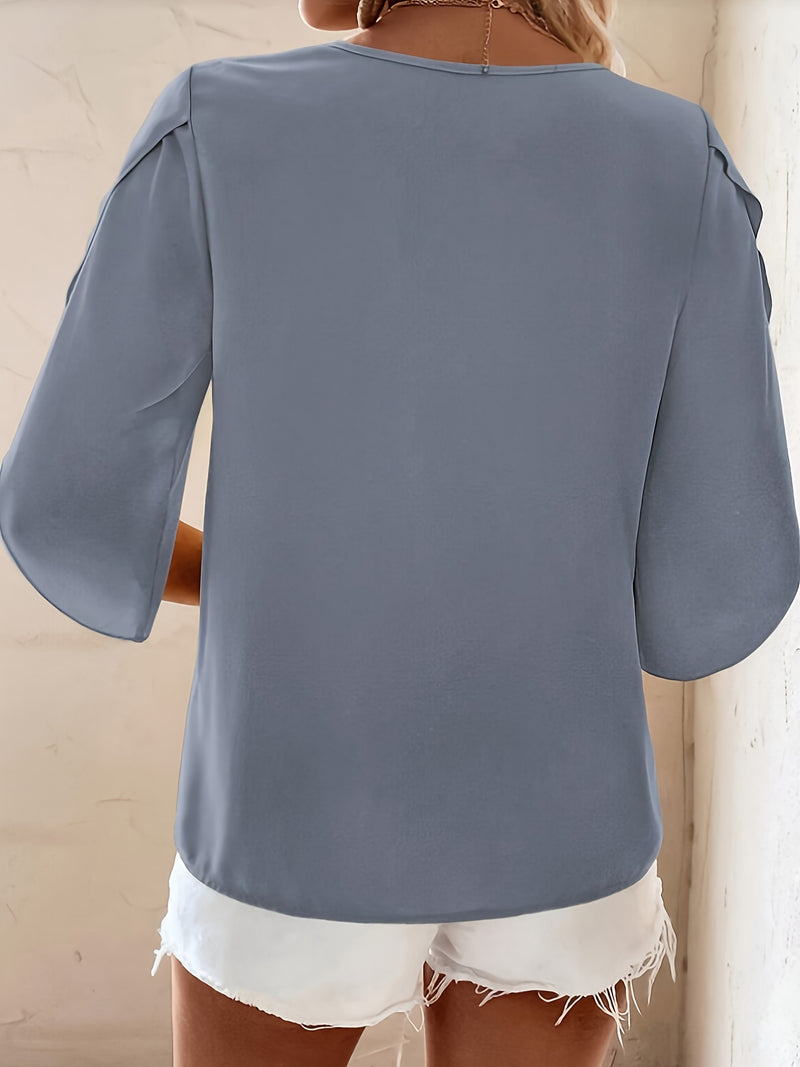 Solid Color Asymmetrical Neckline Straight Hem Blouse with Ruffle Sleeves