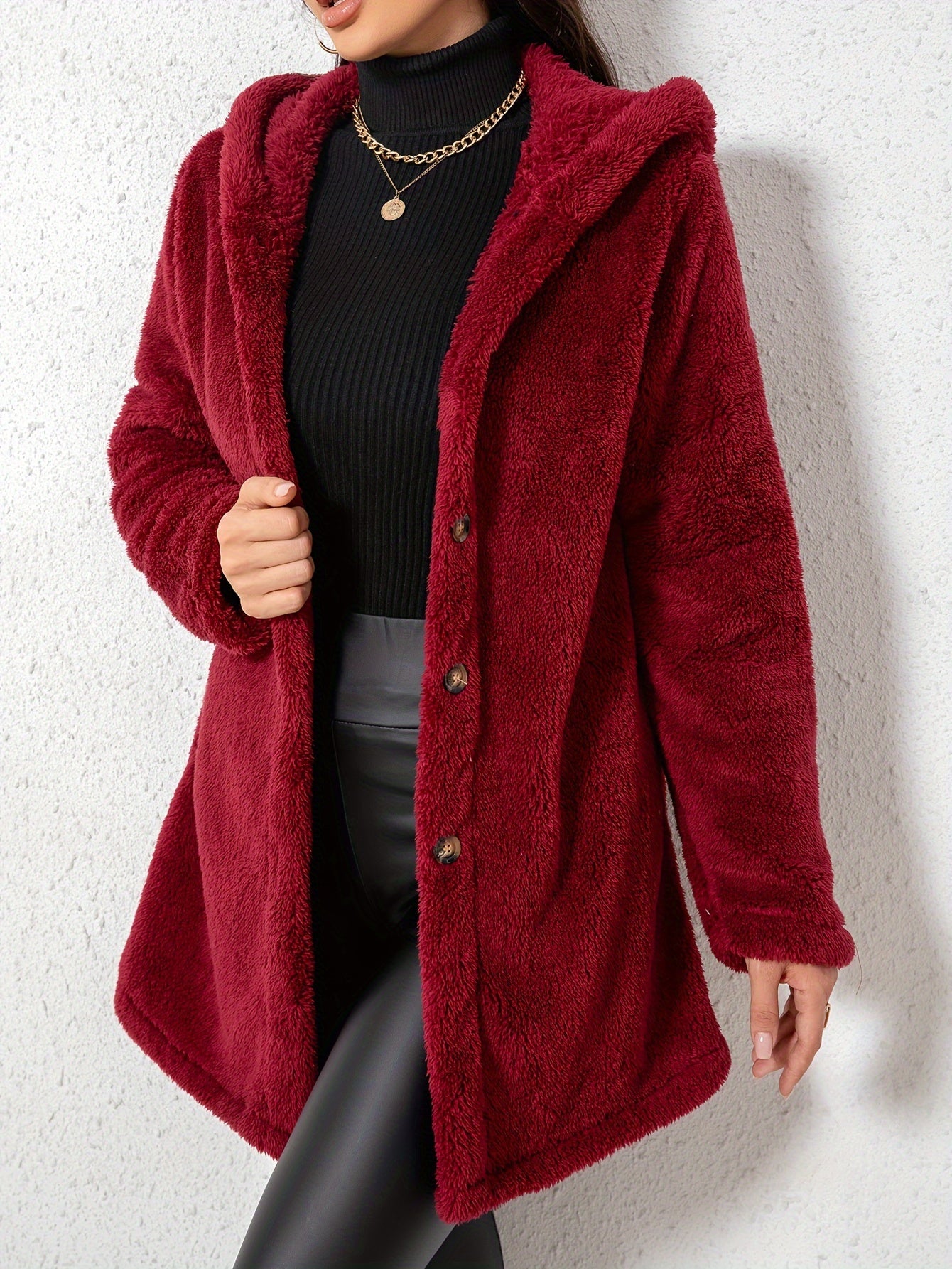 1pc Elegant Women'S Fleece Jacket, Polyester Knit Fabric, Solid Color, Fall/Winter Season, Cozy Warm Outerwear