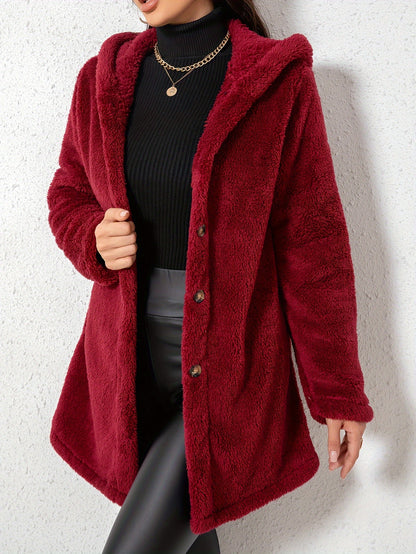 1pc Elegant Women'S Fleece Jacket, Polyester Knit Fabric, Solid Color, Fall/Winter Season, Cozy Warm Outerwear