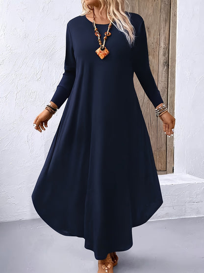 Plus Size Solid Color Dress, Casual Long Sleeve Crew Neck Dress for Spring & Fall, Women's Plus Size Clothing