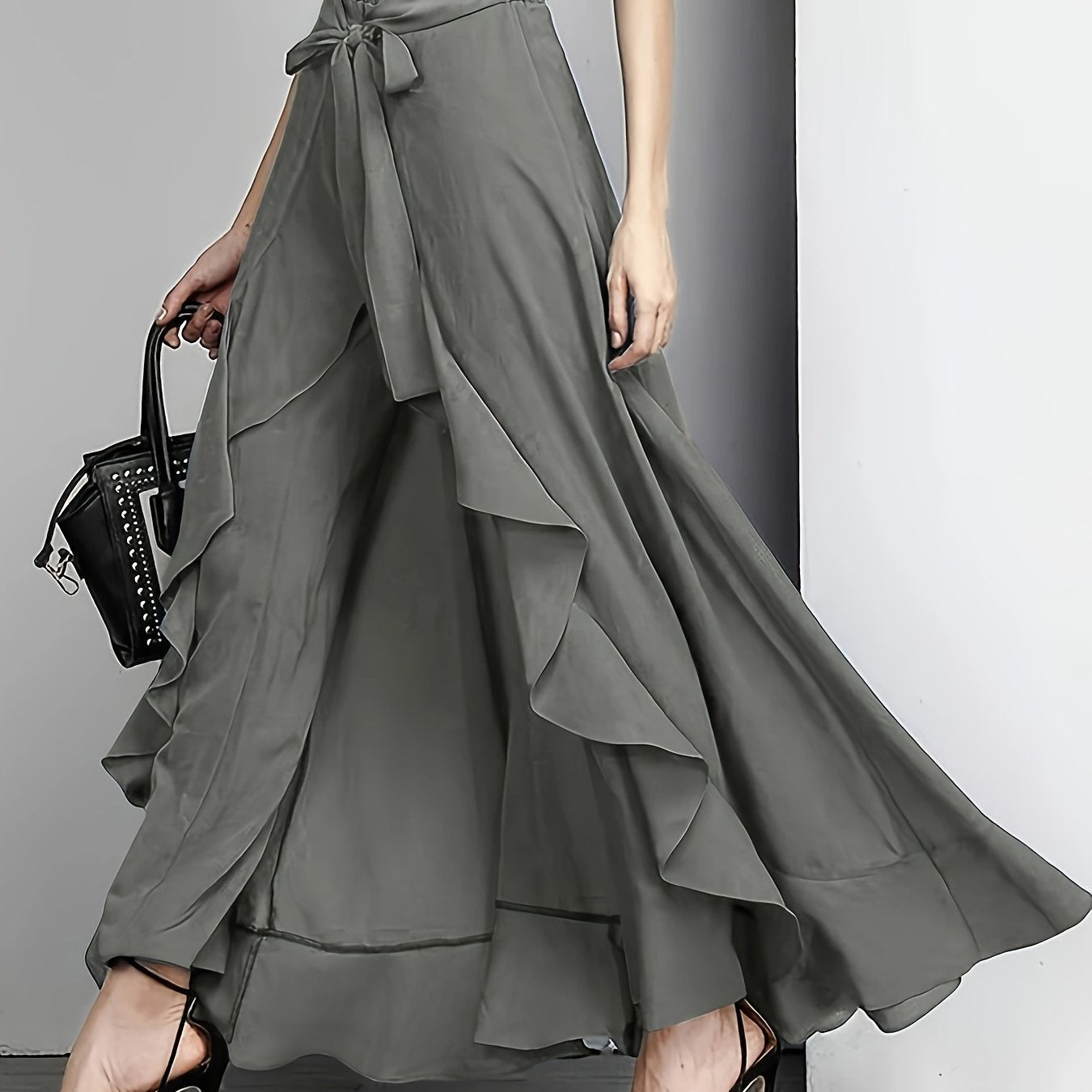 Plus Size Bow Tie Front Pants, Elegant Solid Asymmetrical Wide Leg Skirted Pants, Women's Plus Size Clothing