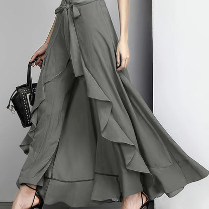 Plus Size Bow Tie Front Pants, Elegant Solid Asymmetrical Wide Leg Skirted Pants, Women's Plus Size Clothing