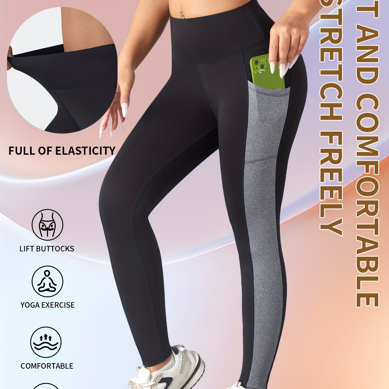 [1pc Women'S High Waist Yoga Leggings] 1pc Women'S High Waist Yoga Leggings with Contrast Color Pocket, Soft Stretchable Polyester Knit Sports Pants, Breathable Activewear for All Seasons