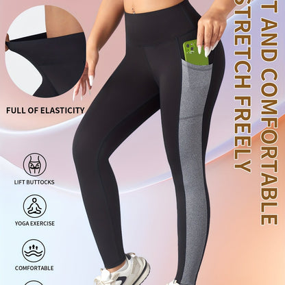 [1pc Women'S High Waist Yoga Leggings] 1pc Women'S High Waist Yoga Leggings with Contrast Color Pocket, Soft Stretchable Polyester Knit Sports Pants, Breathable Activewear for All Seasons