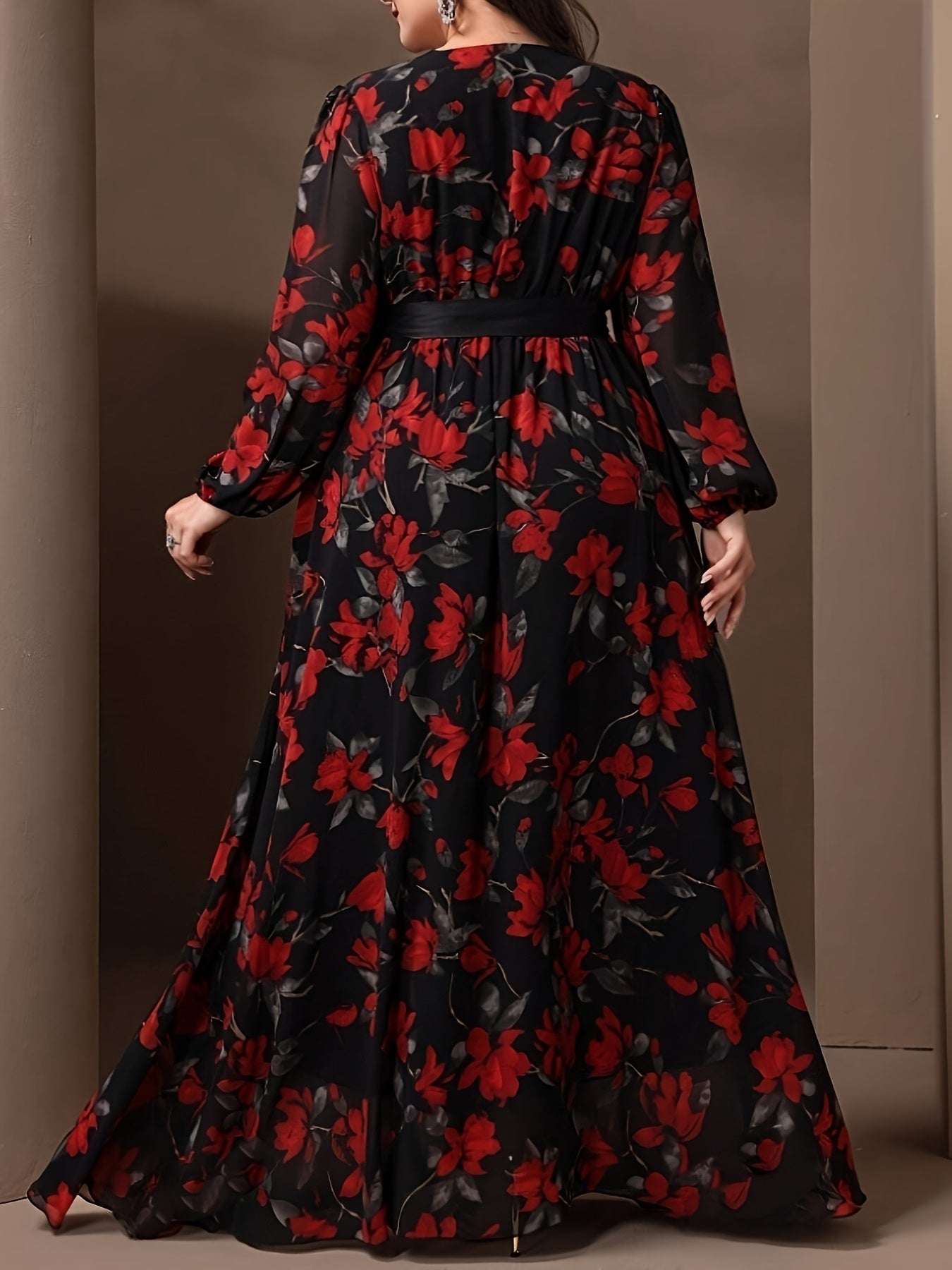 Elegant Plus Size Floral Print V-Neck Dress with Tie Waist, 100% Polyester Woven Fabric, Non-Stretch, Fitted Spring/Fall Maxi Dress