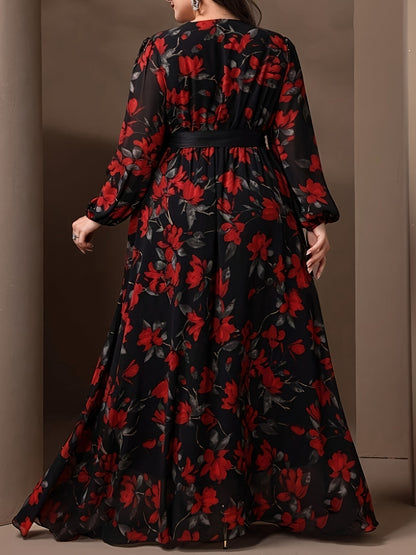 Elegant Plus Size Floral Print V-Neck Dress with Tie Waist, 100% Polyester Woven Fabric, Non-Stretch, Fitted Spring/Fall Maxi Dress