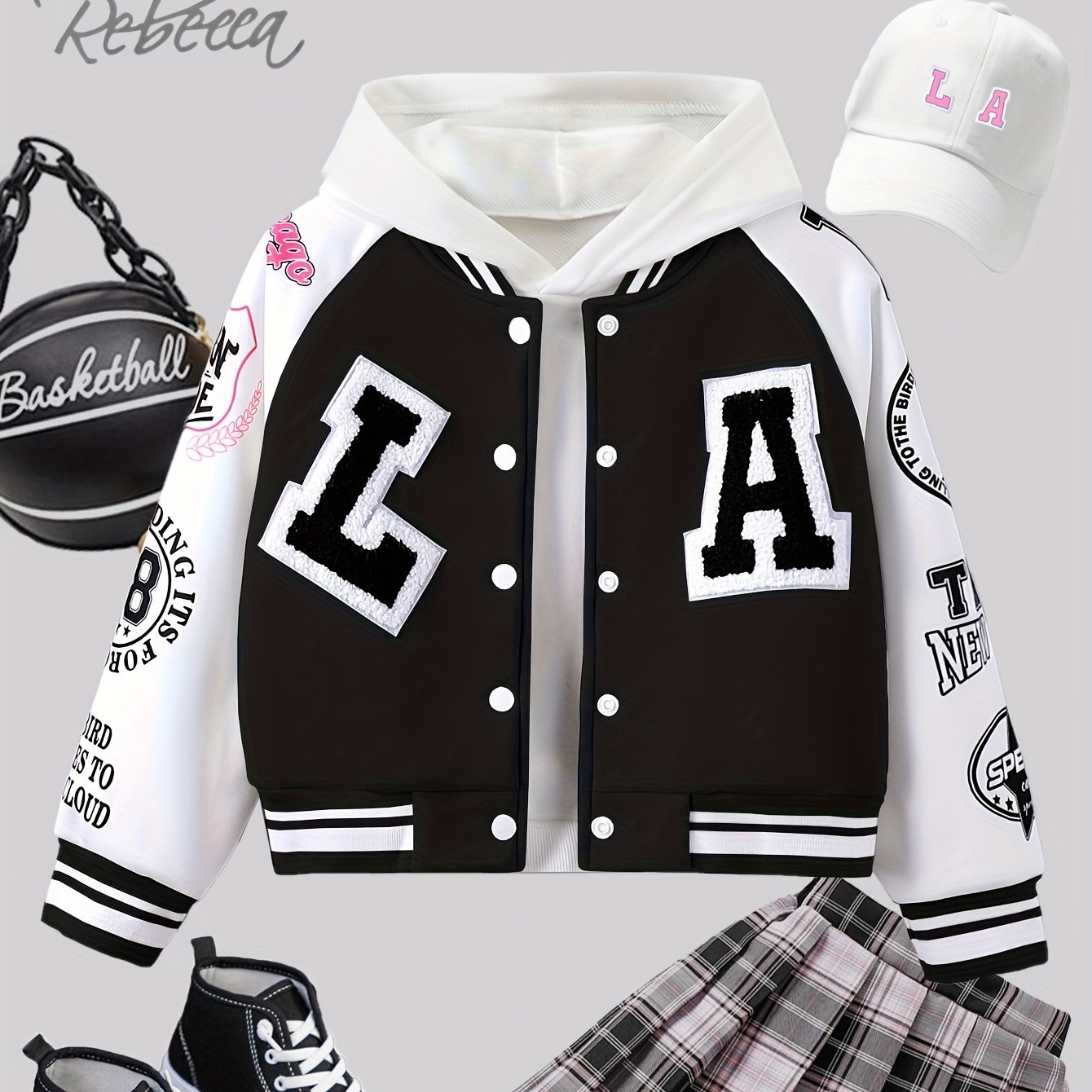 Alphabet LA Pattern Girl's Varsity Jacket, Raglan Color Block Thermal Lined Preppy Jacket Spring/ Fall Outerwear