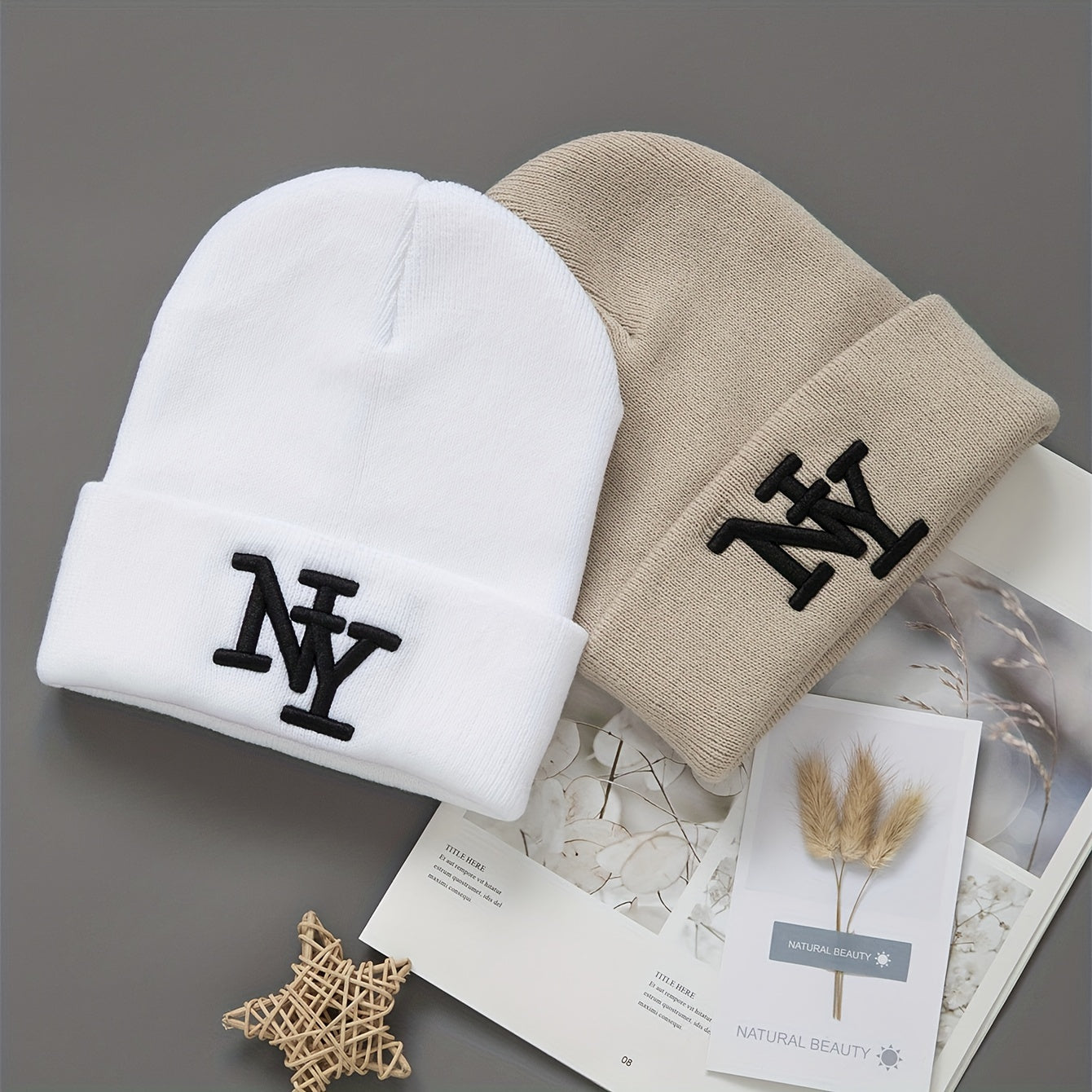 2-Pack Unisex Winter Beanie Hats, Solid Color Knitted Polyester Outdoor Warm Caps, Hand Washable, Fashionable Daily Wear for Men and Women