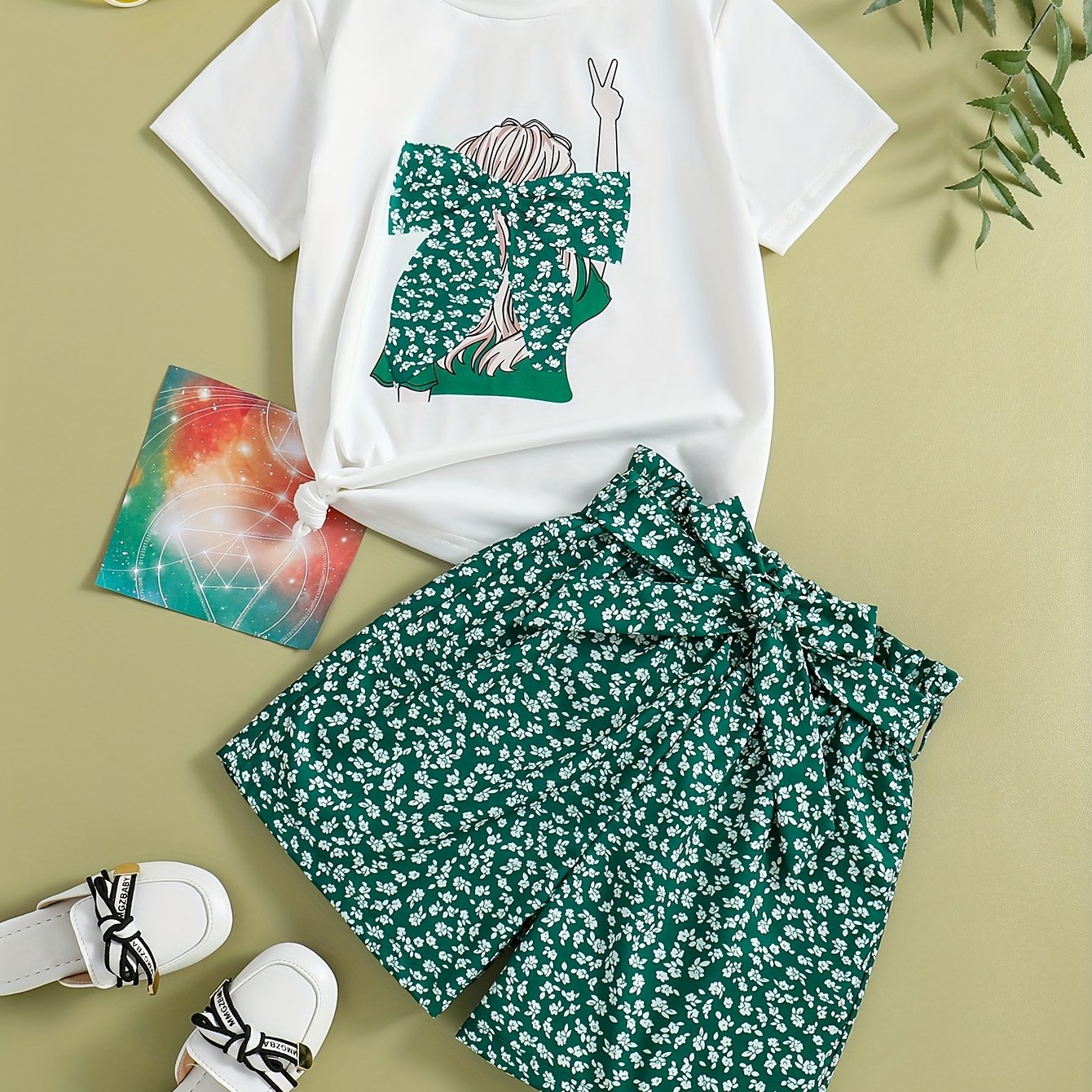 Girls' Summer Casual Outfit Set - Cartoon Print Bow T-Shirt & Floral Shorts with Belt, Breathable Polyester Blend, Perfect for Outdoor
