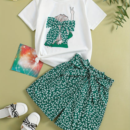 Girls' Summer Casual Outfit Set - Cartoon Print Bow T-Shirt & Floral Shorts with Belt, Breathable Polyester Blend, Perfect for Outdoor