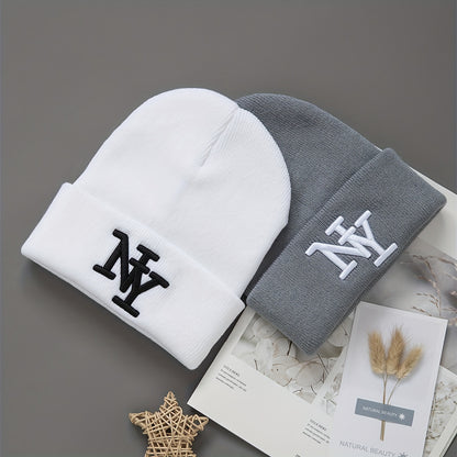 2-Pack Unisex Winter Beanie Hats, Solid Color Knitted Polyester Outdoor Warm Caps, Hand Washable, Fashionable Daily Wear for Men and Women