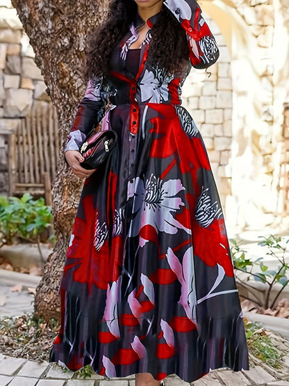 Plus Size Floral Print Button Front Dress, Casual Long Sleeve Collared Dress for Spring & Fall, Women's Plus Size Clothing