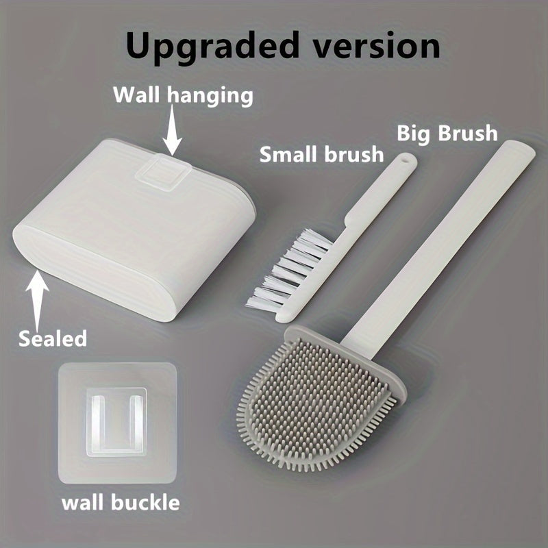 Wall-Mounted Toilet Brush Set, Silicone-Headed Bathroom Cleaning Kit, Space-Saving Long Handle Toilet Cleaner, Ergonomic Design, with 2 Brushes & Holder, for No Electricity Needed, Ideal for Living Room, Bathroom, Toilet, Kit