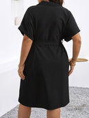 Elegant Plus Size Black Dress for Women - Summer Long Dress with Batwing Sleeves, Front Zipper, and Tie Waist