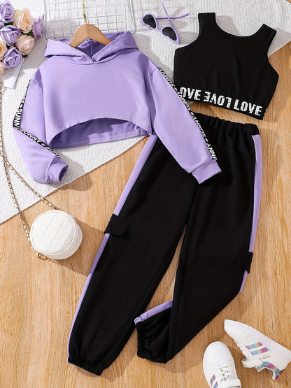 Sportwear 3-Piece Girl's Letter Taping Hoodie + Tank + Jogger Trousers Set - Versatile Comfy For Casual Outdoor Wear, Gift Idea