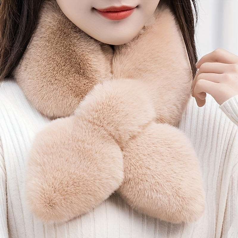 Cozy & Stylish Women's Winter Plush Cross Scarf - Thick, Soft Polyester for Warmth and Neck Protection
