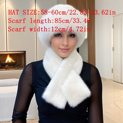 Women'S Luxurious Faux Fur Hat and Scarf Set, Winter Warmth Thickened Polyester Fox Fur Cap with Earmuffs, Elegant Festive Gift, Knitted No-Brim Hat, Non-Stretch, Hand Wash Only