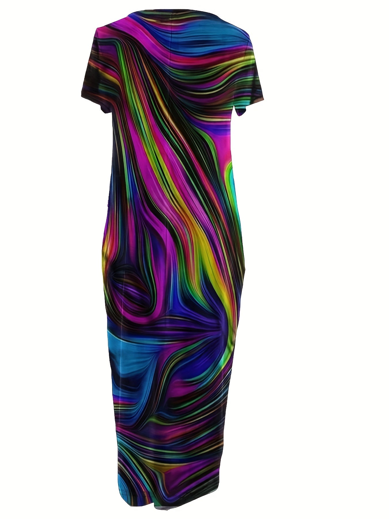 [1pc Plus Size Geometric Print Maxi Dress] 1pc Plus Size Geometric Print Maxi Dress, Stretchy Polyester Knit, Round Neck, Short Sleeve, Casual Loose Fit with Pockets, All-Season Versatile Style