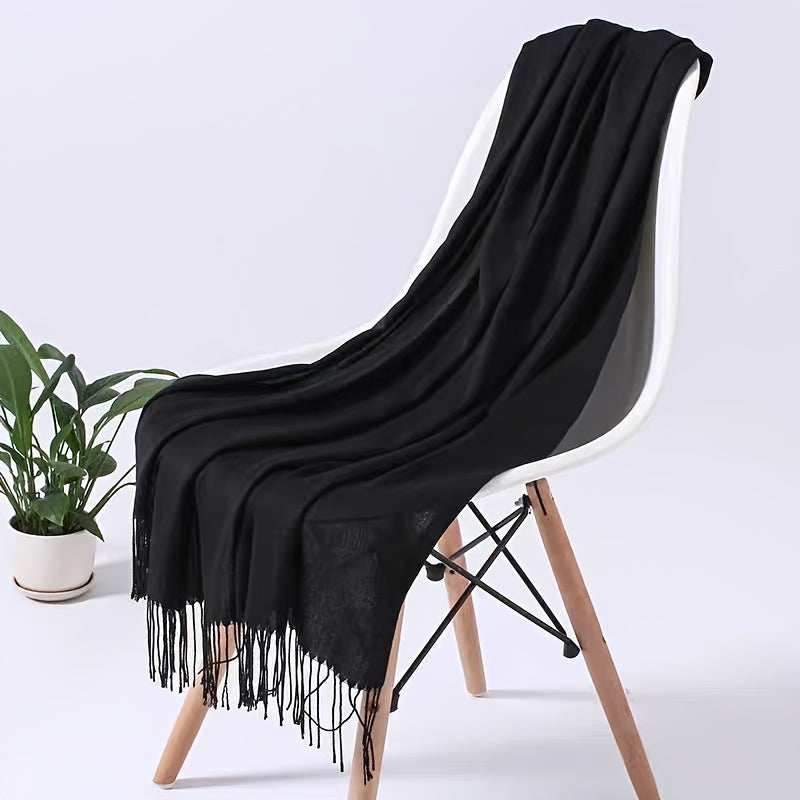 1pc Elegant and simple plain tassel long scarf with warm and versatile thin fabric, suitable for daily wear in all seasons, can also be used as a lady's air-conditioning shawl
