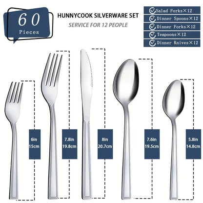 60pcs/set Stainless Steel Tableware Set For 12 People With Knives, Forks, And Spoons. Ideal For Restaurants, Parties, Weddings, Classic Strip Craftsmanship. Ergonomic Handles And High Quality Design. Comfortable Grip. Washabl
