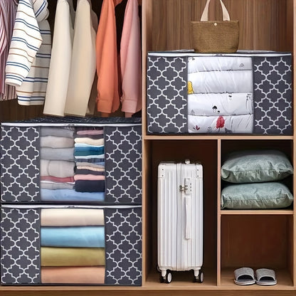 6pcs Set 90L Gray & White Printed Clothes Organizer with Lids - Collapsible, Waterproof Storage Bins with Reinforced Handles and Transparent Viewing Window for Bedding, Blankets, Toys, Under-Bed Storage