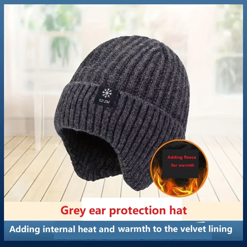 Men's Winter Knit Beanie with Ear Flaps - Thick, Warm & Cozy for Middle-Aged and Elderly - Gray, Autumn, Fleece