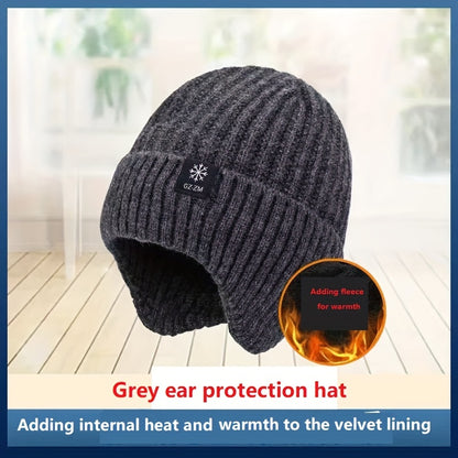 Men's Winter Knit Beanie with Ear Flaps - Thick, Warm & Cozy for Middle-Aged and Elderly - Gray, Autumn, Fleece