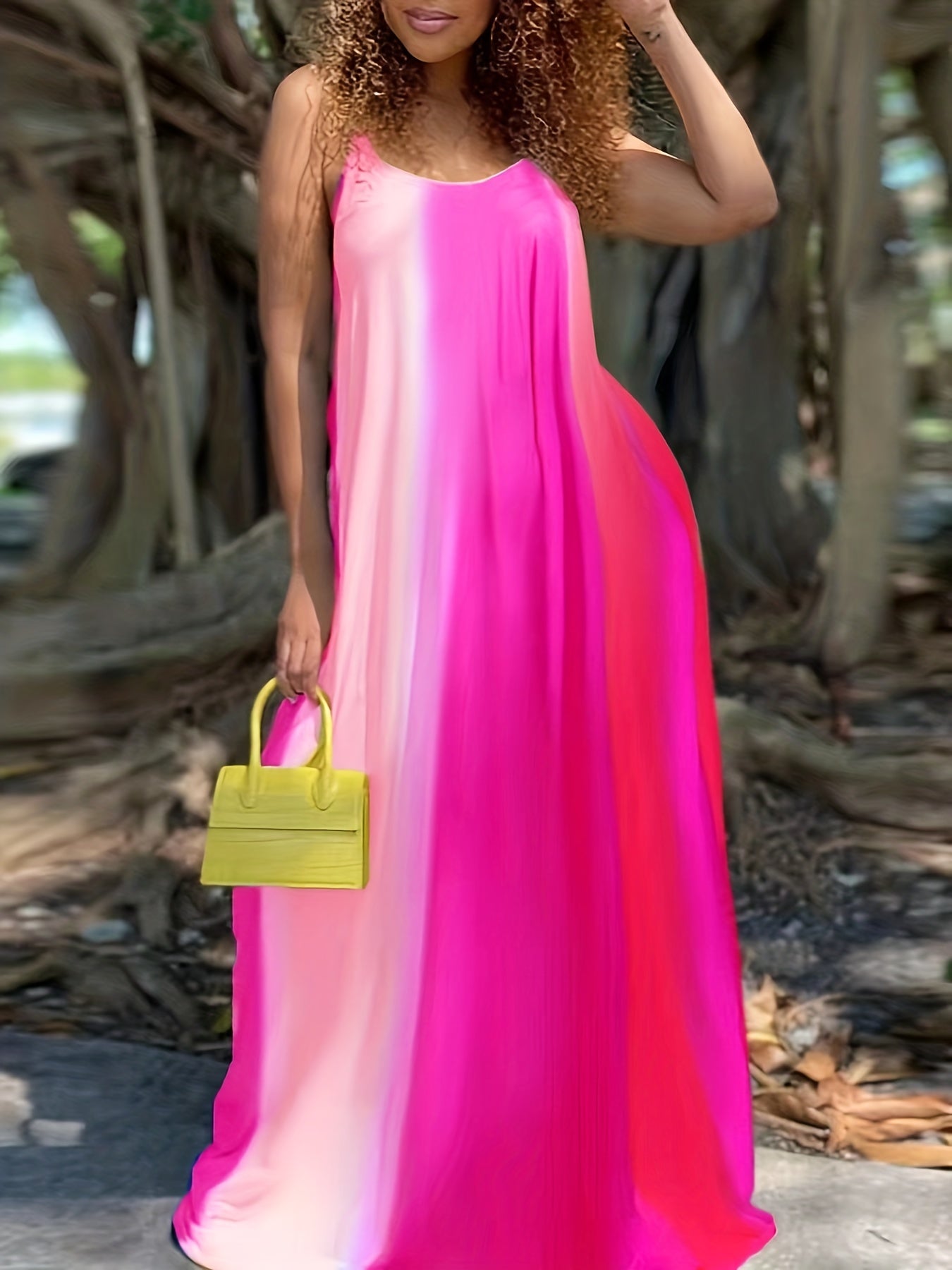 Vestido largo holgado con escote en V y efecto tie-dye, talla grande, elegante, ligeramente elástico, para mujer.