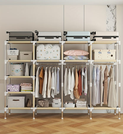 Simplified assembly of steel pipes with thickened reinforcement and 10 large capacity storage racks and 3 hanging clothes poles for storing wardrobes, easy and convenient assembly of checkered fabric cabinets