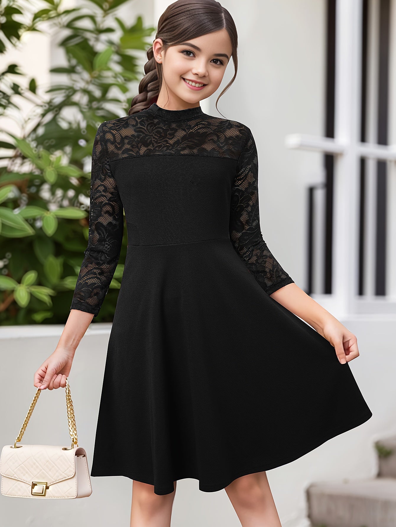Elegante vestido de niña con encaje y cremallera, de corte A, color liso, mezcla de poliéster elástico, ideal para primavera, verano y otoño.