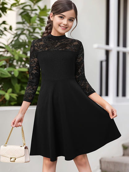 Elegante vestido de niña con encaje y cremallera, de corte A, color liso, mezcla de poliéster elástico, ideal para primavera, verano y otoño.